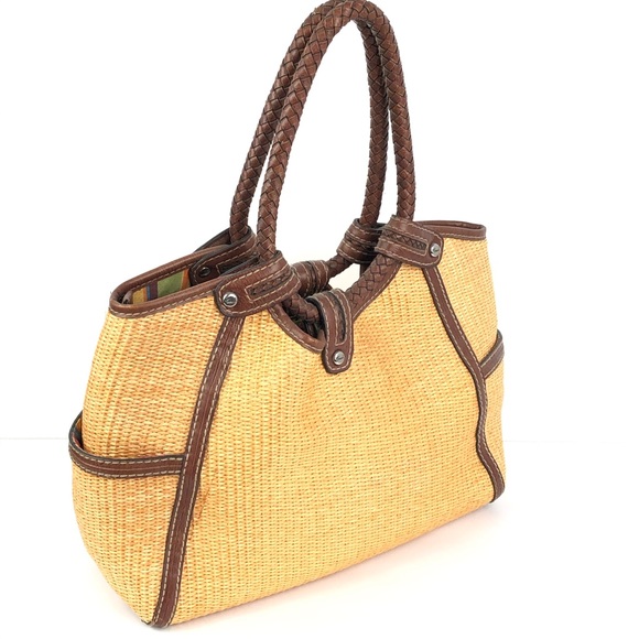 FOSSIL Woven Straw Brown Tote Satchel Purse - Picture 3 of 8